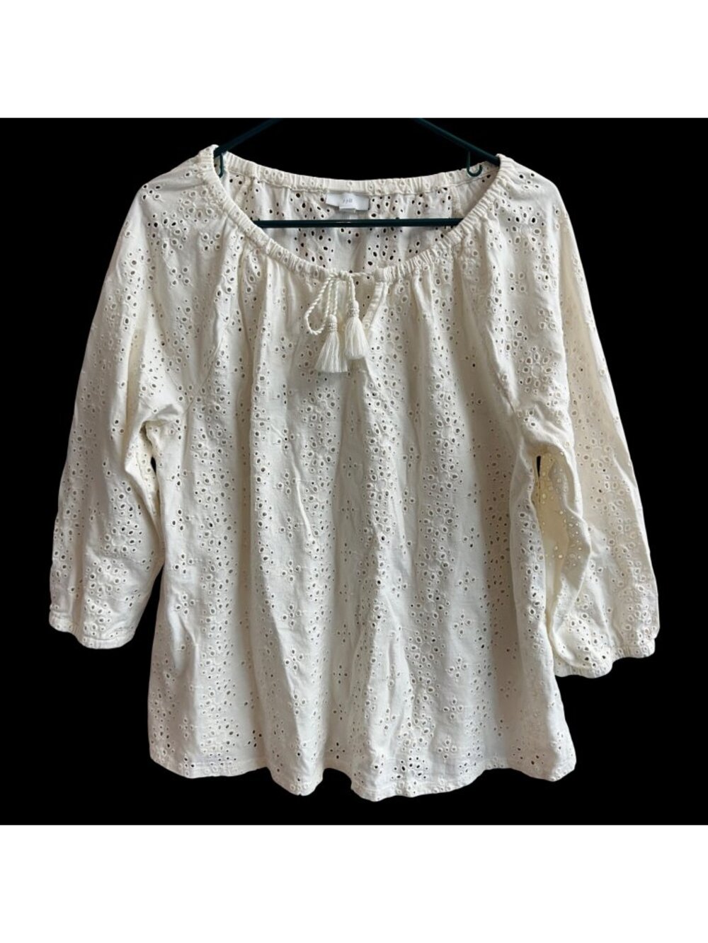 J Jill Cotton Peasant Eyelet Top Size XL Petite Ivory Tassel Bohemian Coquette